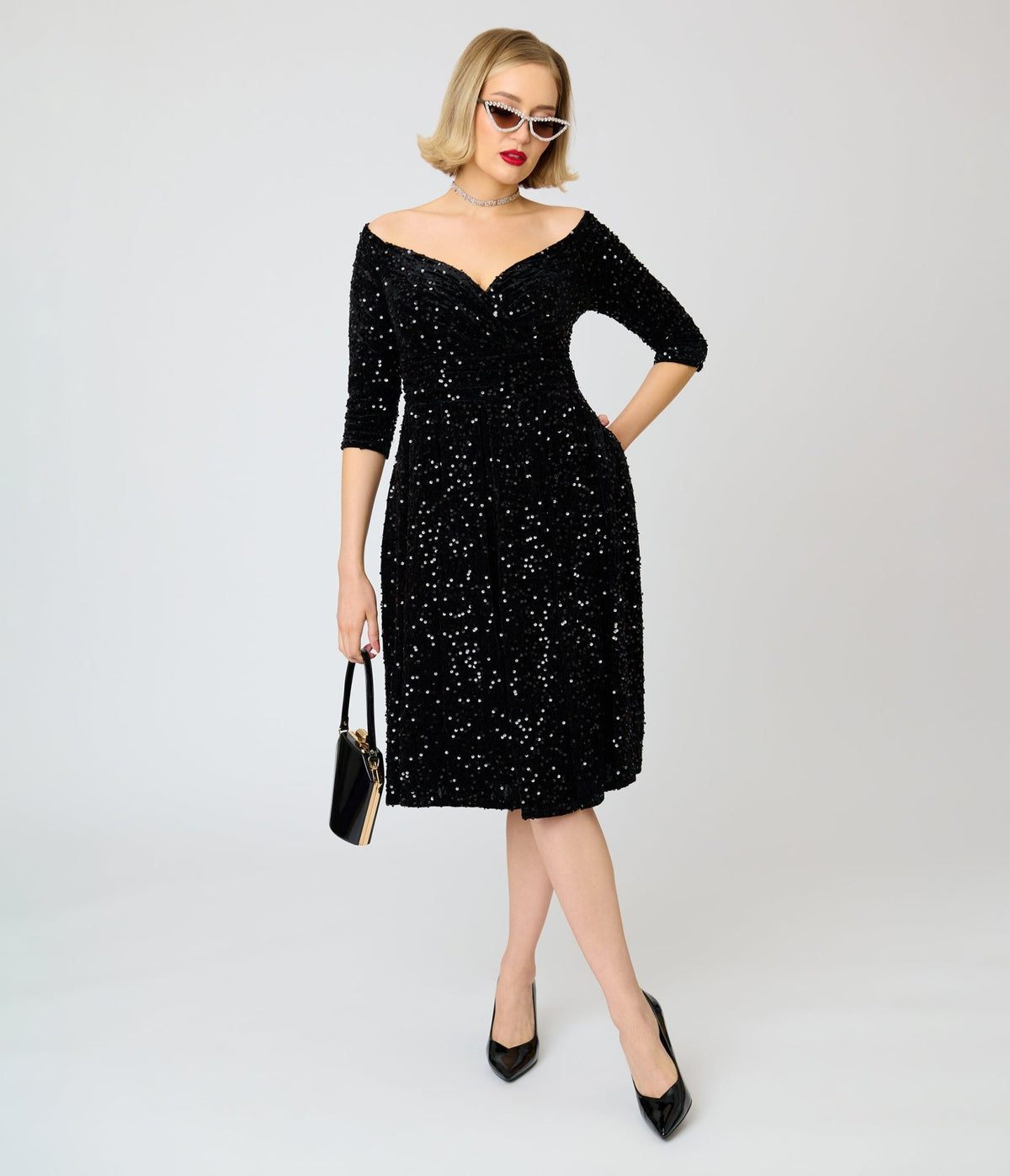 Unique Vintage Black Sequin Marceline Swing Dress - Unique Vintage - Swing Dress
