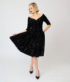 Unique Vintage Black Sequin Marceline Swing Dress - Unique Vintage - Swing Dress