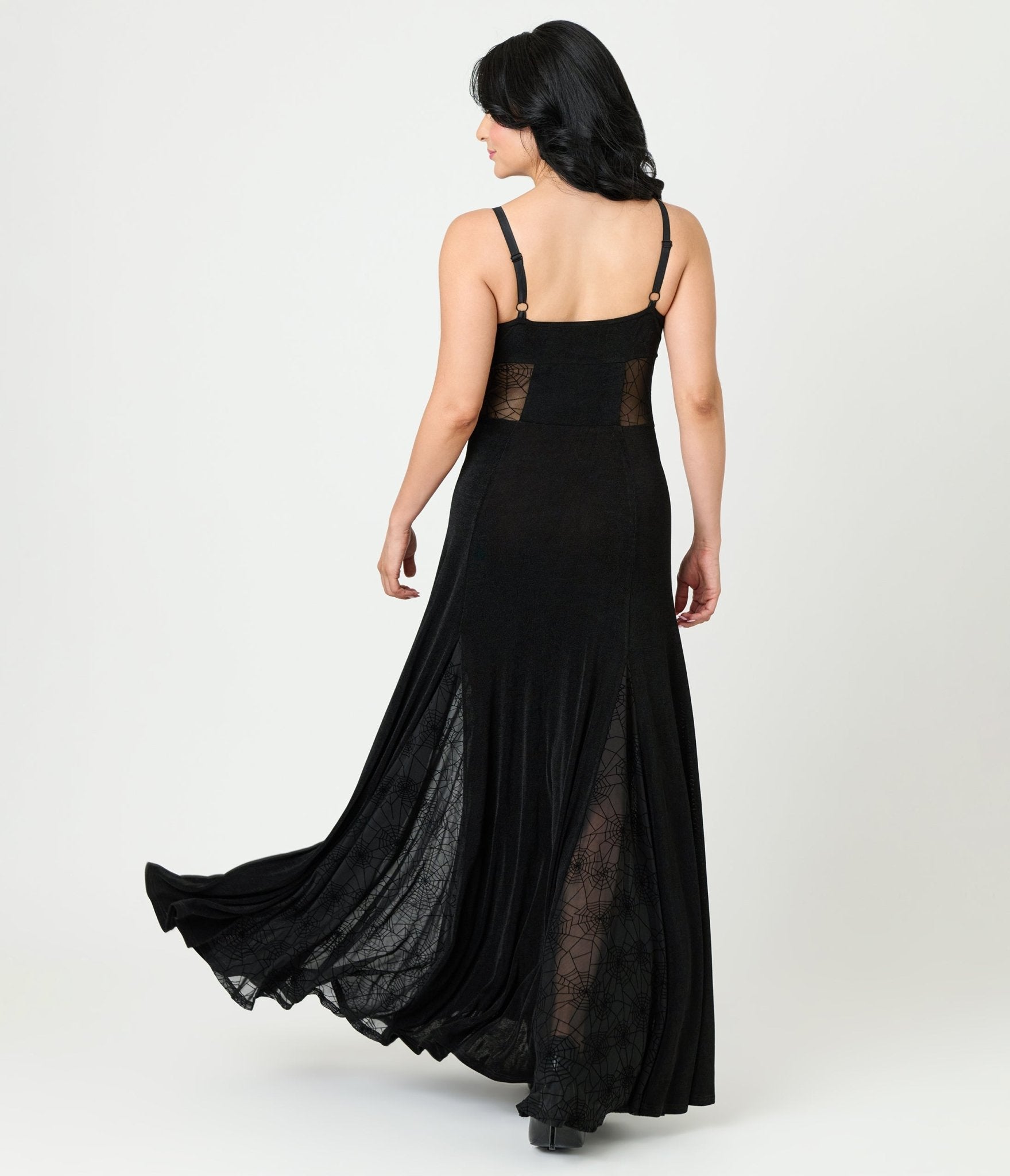 Unique Vintage Black Sheer Spiderweb Godet Maxi Dress