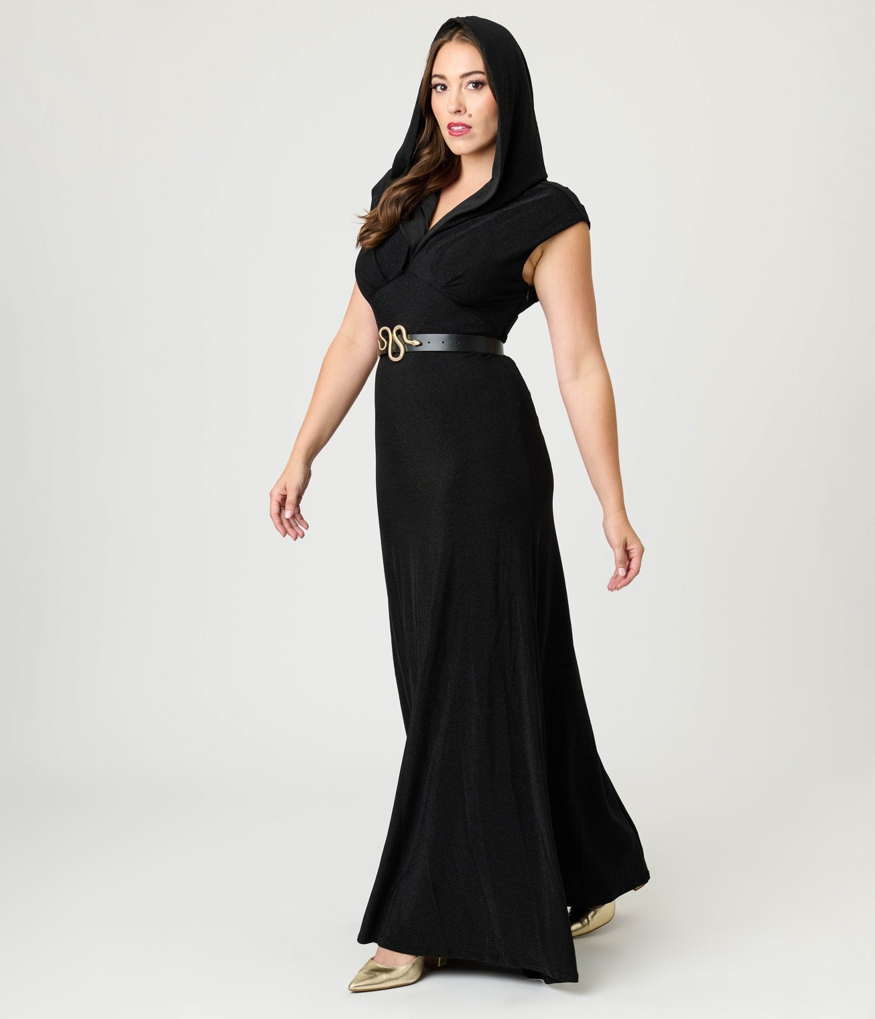 Unique Vintage Black Shimmer Snake Hooded Maxi Dress