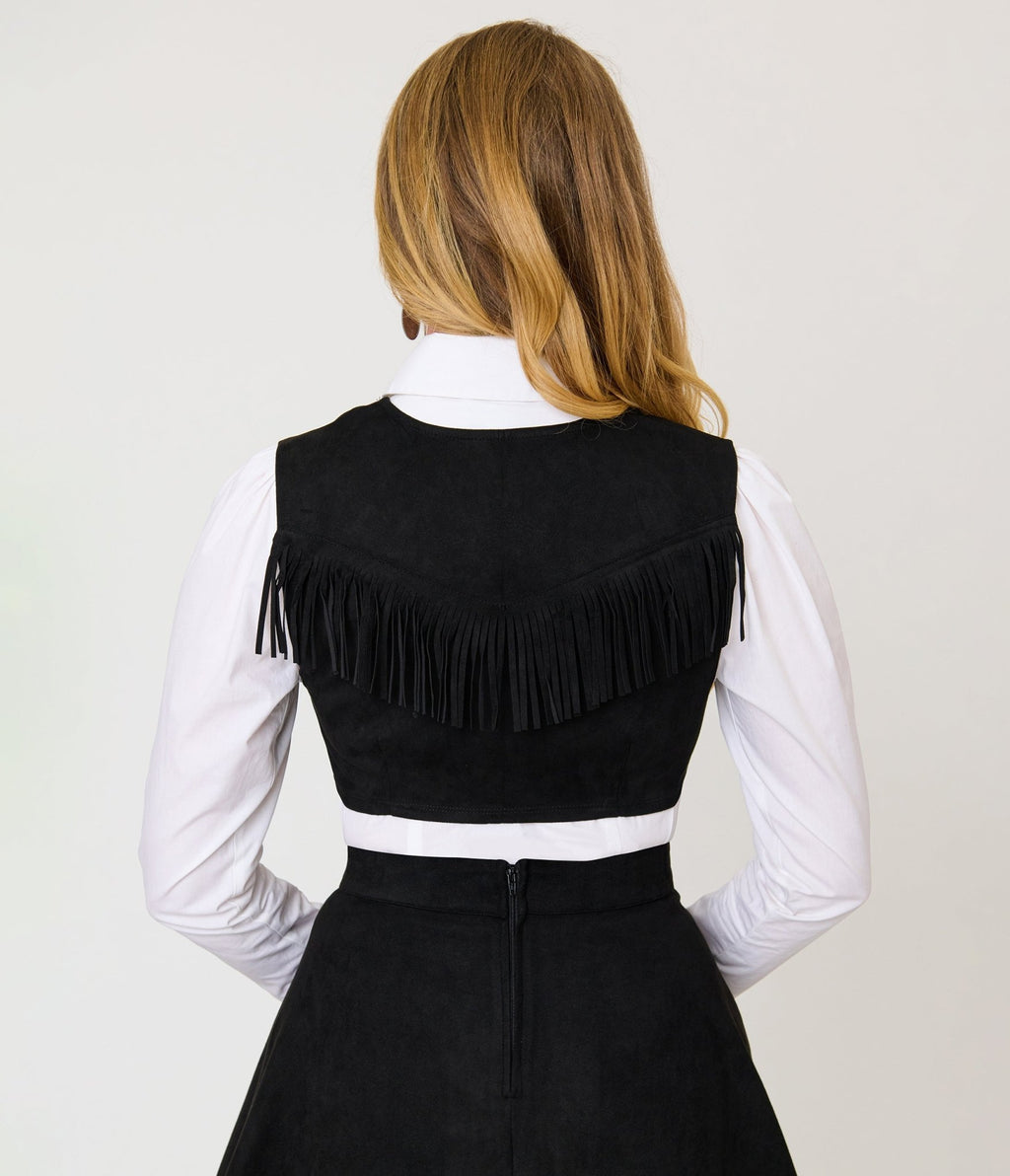 Unique Vintage Black & Silver Rhinestone Star Suede Fringe Vest - Unique Vintage - Womens, TOPS, OUTERWEAR