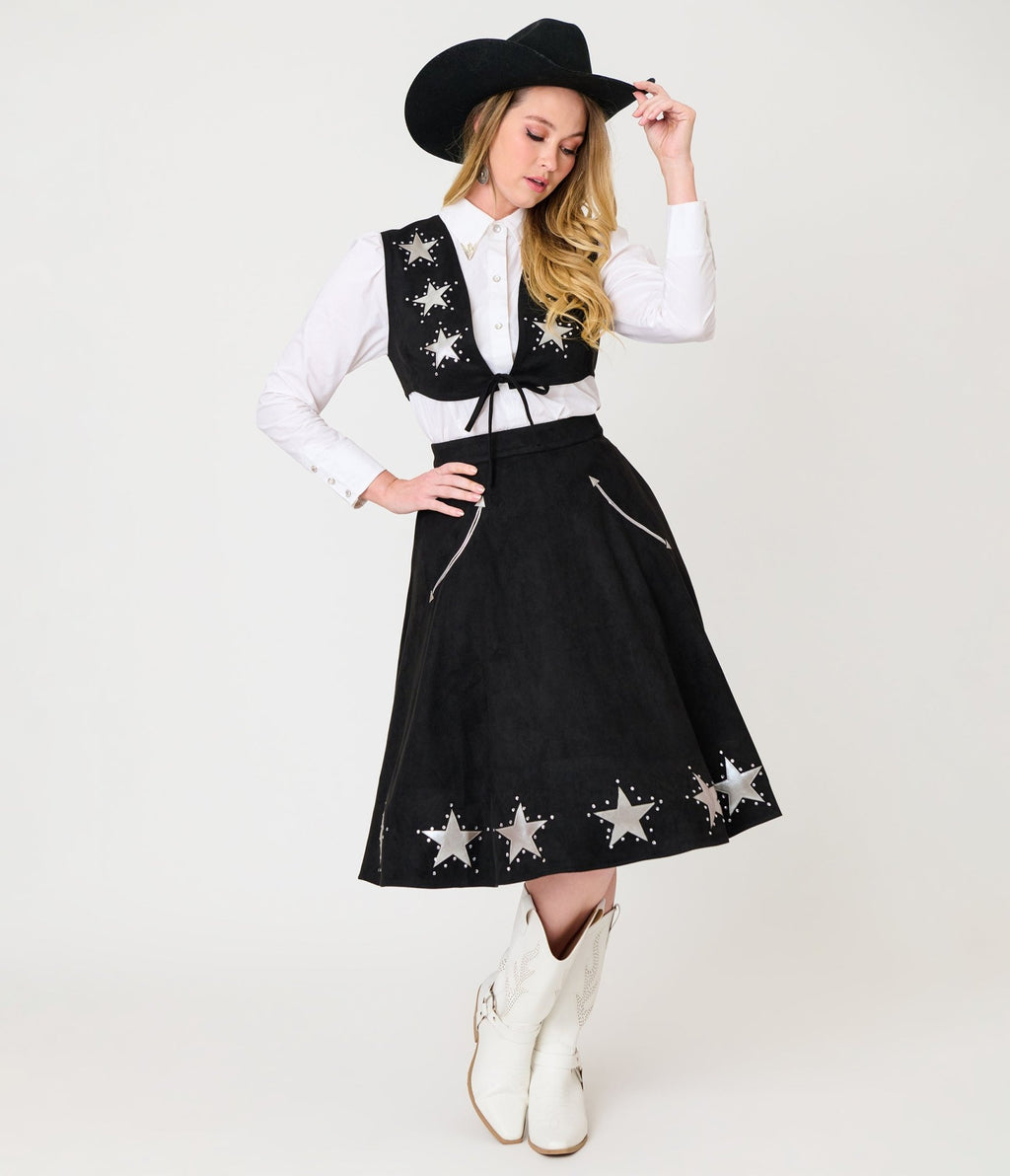 Unique Vintage Black & Silver Rhinestone Star Suede Fringe Vest - Unique Vintage - Womens, TOPS, OUTERWEAR