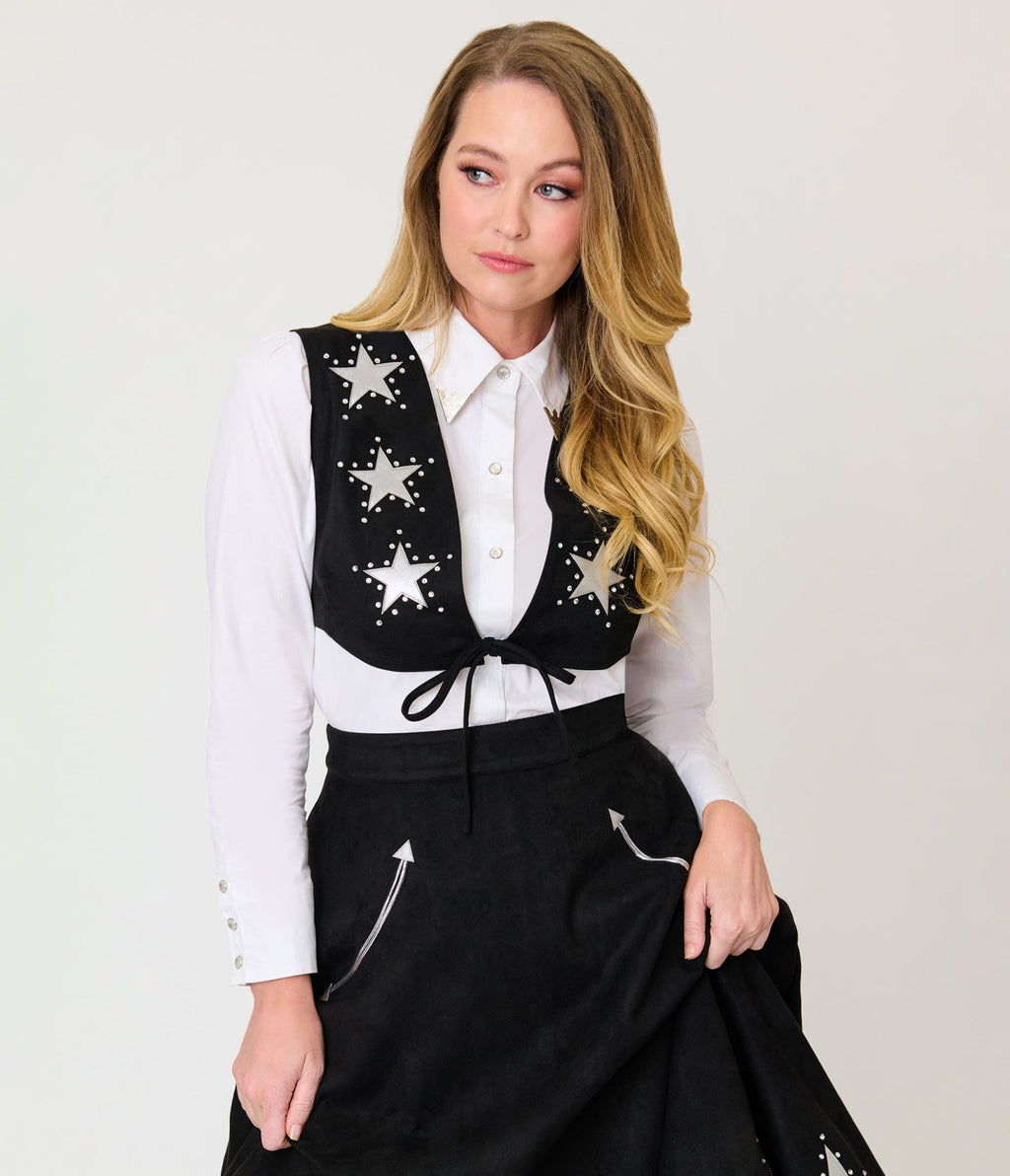 Unique Vintage Black & Silver Rhinestone Star Suede Fringe Vest - Unique Vintage - Womens, TOPS, OUTERWEAR