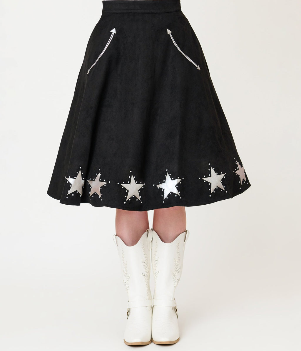 Unique Vintage Black & Silver Rhinestone Stars Western Suede Swing Skirt - Unique Vintage - Womens, BOTTOMS, SKIRTS