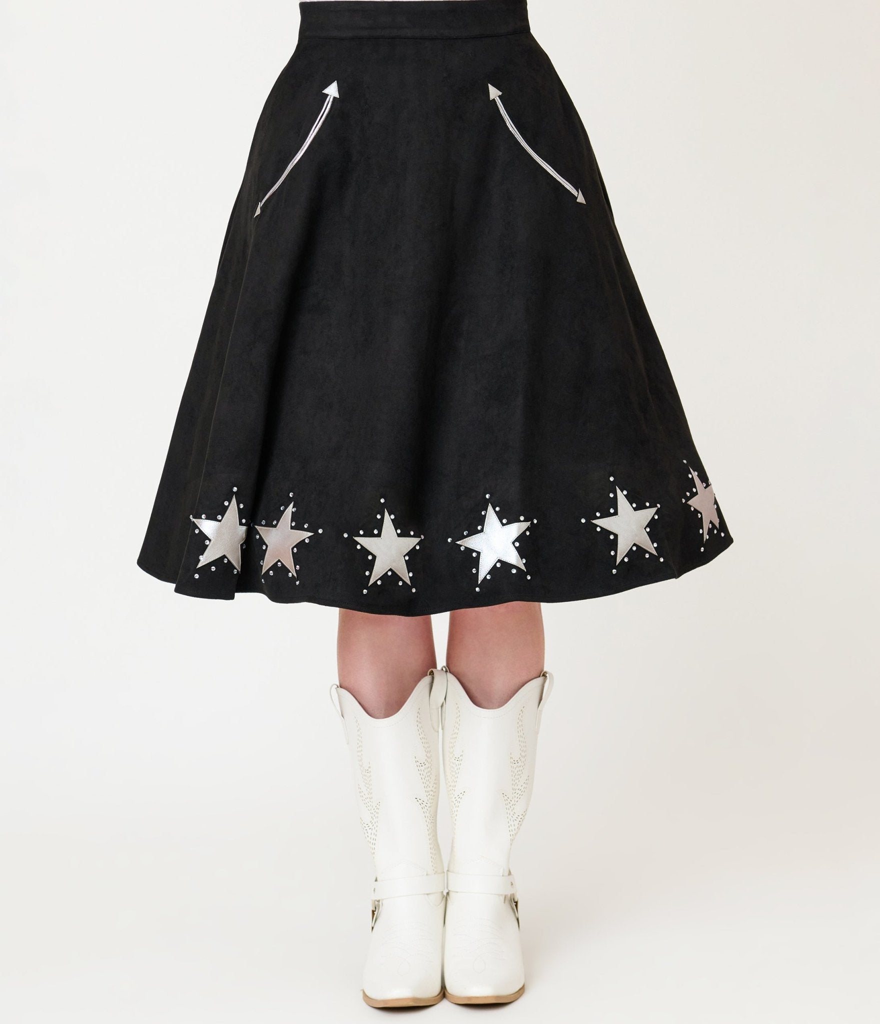 Unique Vintage Black & Silver Rhinestone Stars Western Suede Swing Skirt - Unique Vintage - Womens, BOTTOMS, SKIRTS