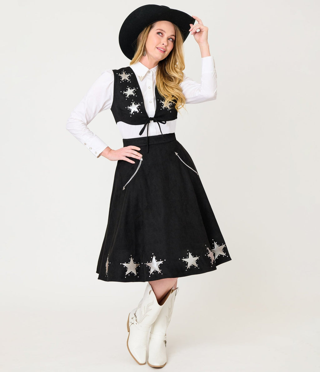 Unique Vintage Black & Silver Rhinestone Stars Western Suede Swing Skirt - Unique Vintage - Womens, BOTTOMS, SKIRTS