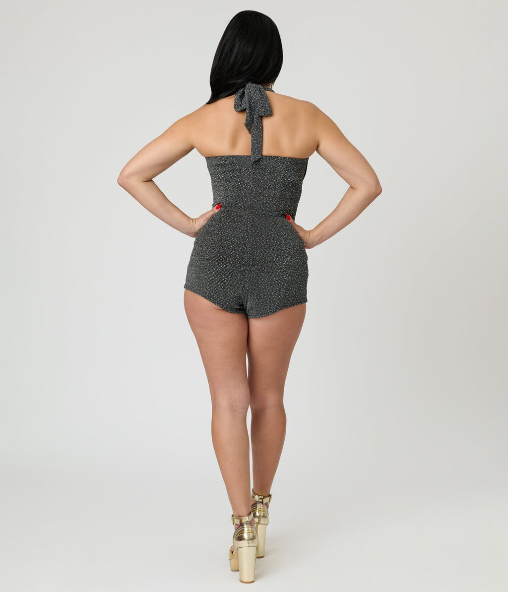 Unique Vintage Black & Silver Shimmer Romper & Sarong Set - Unique Vintage - Womens, BOTTOMS, ROMPERS AND JUMPSUITS