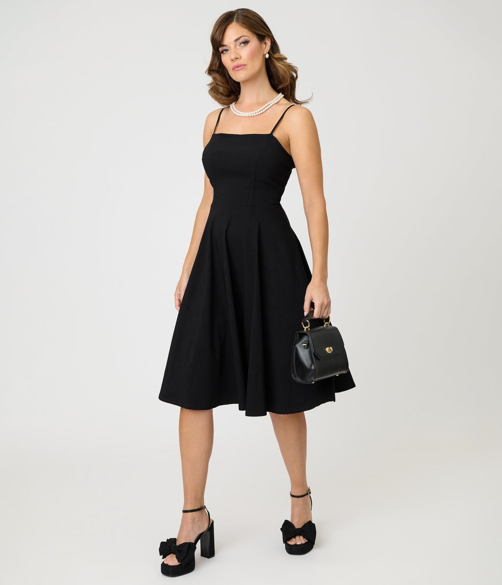 Unique Vintage Black Spaghetti Strap Swing Dress XL/14-16