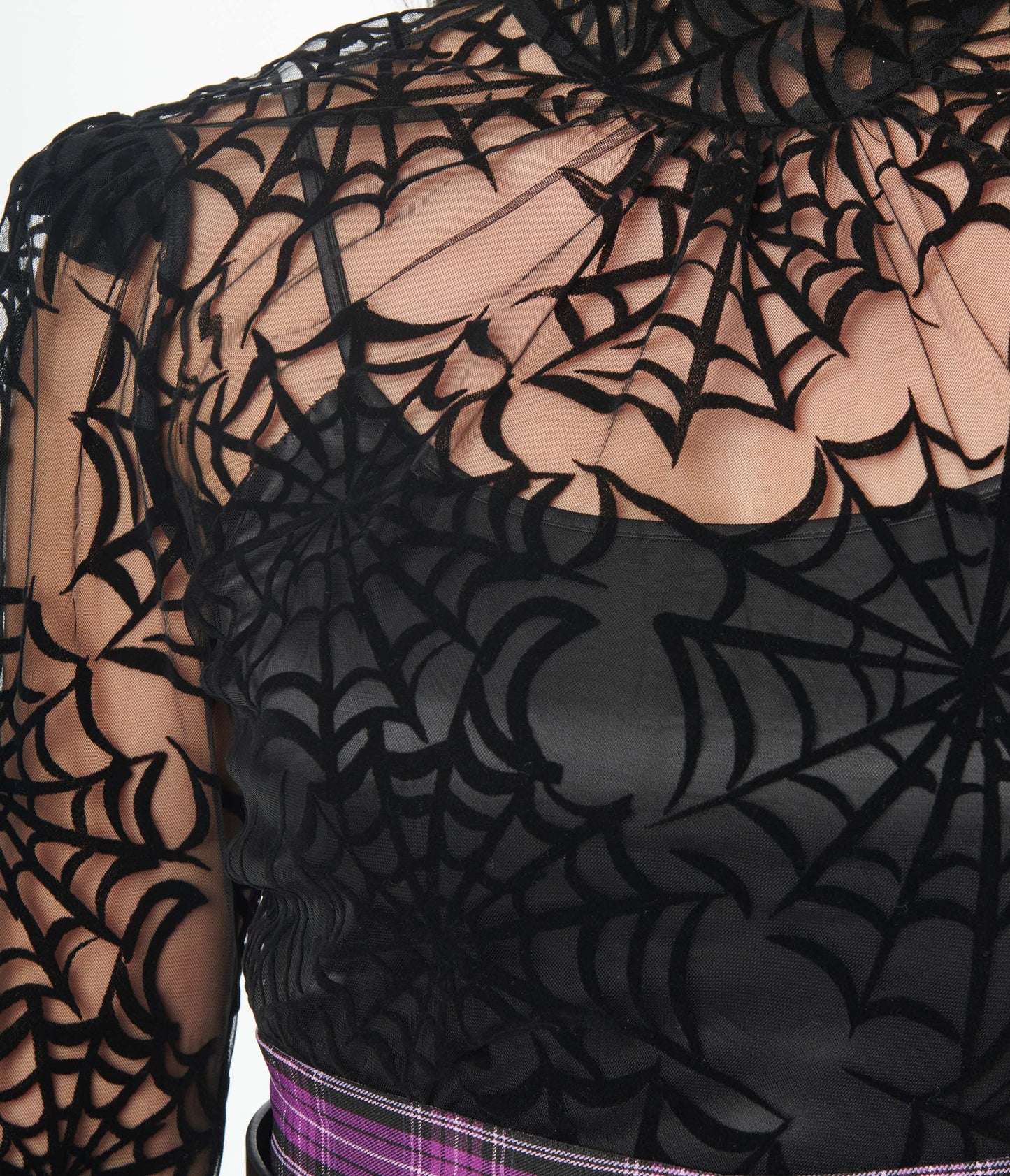 Unique Vintage Black Spiderweb Flocked Donna Blouse - Unique Vintage - Womens, HALLOWEEN, TOPS