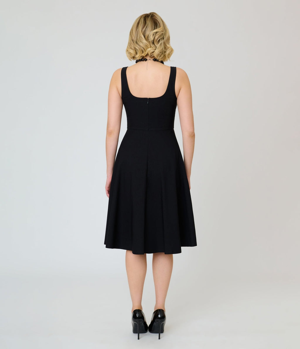 Unique Vintage Black Square Neck Pleated Swing Dress - Unique Vintage - Womens, DRESSES, SWING