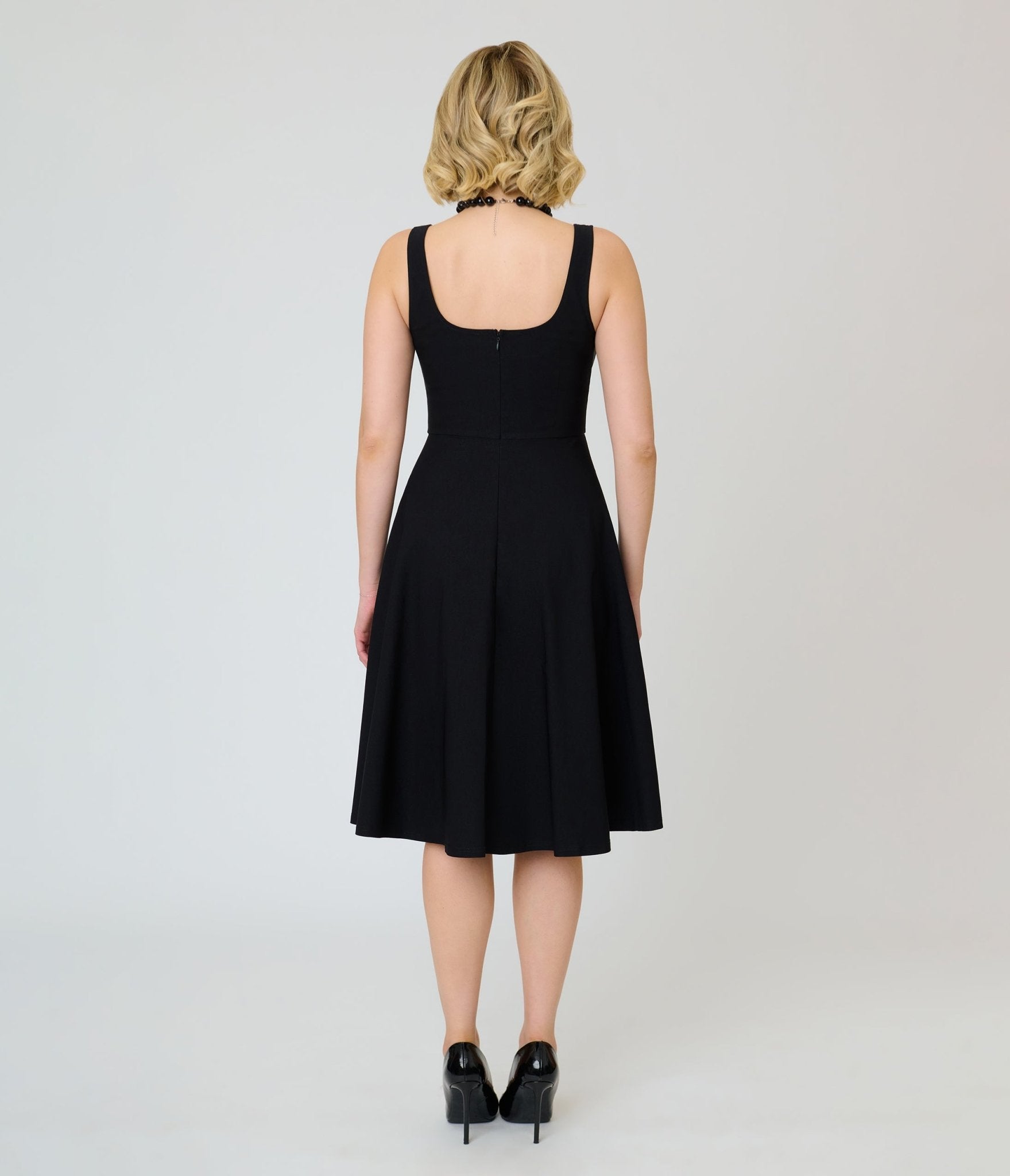 Unique Vintage Black Square Neck Pleated Swing Dress - Unique Vintage - Womens, DRESSES, SWING