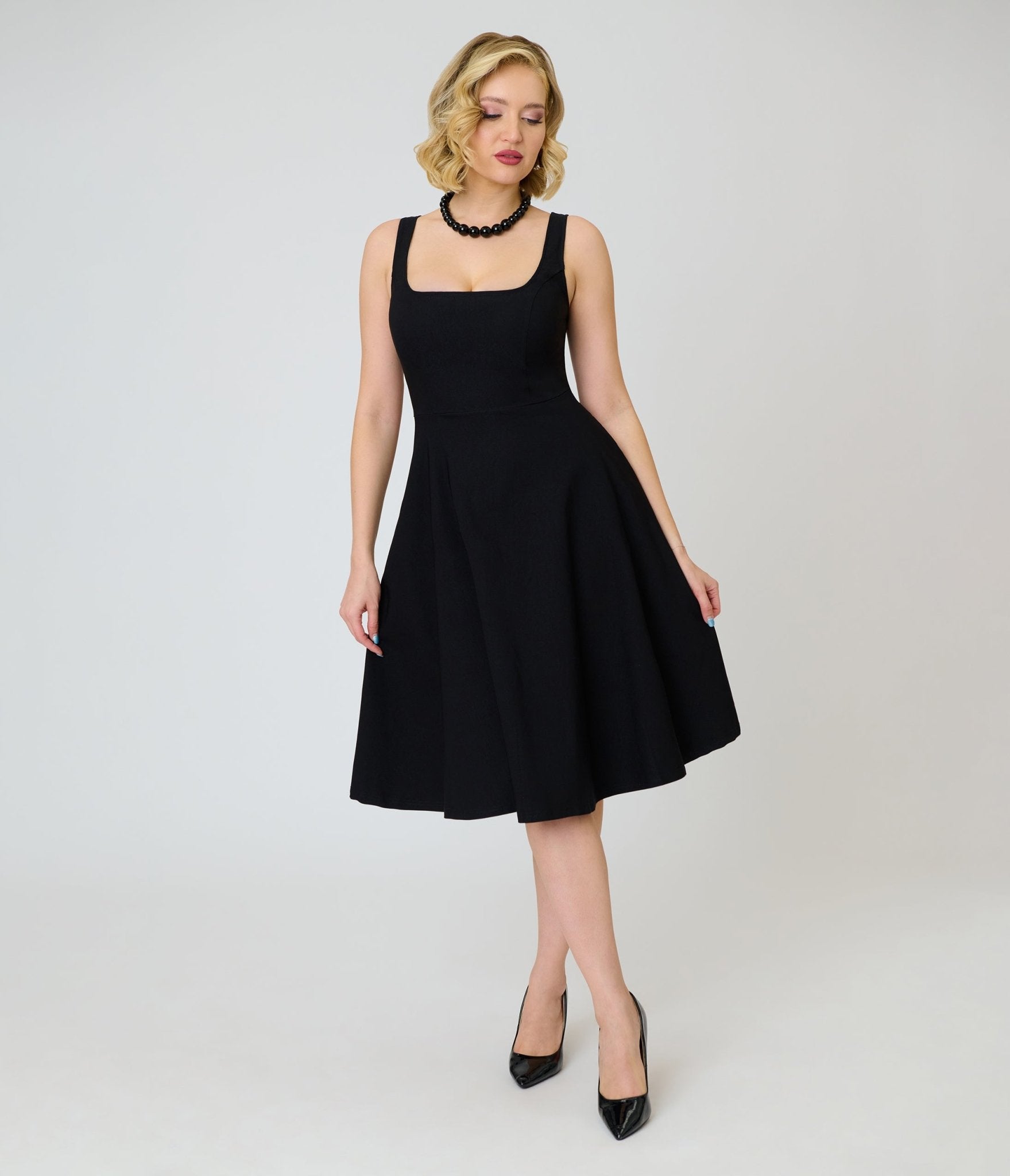 Unique Vintage Black Square Neck Pleated Swing Dress - Unique Vintage - Womens, DRESSES, SWING