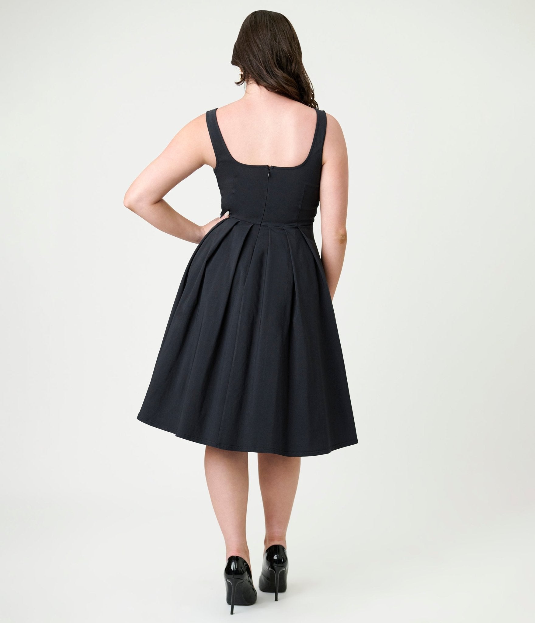 Unique Vintage Black Square Neck Pleated Swing Dress Unique Vintage Black Square Neck Pleated Swing Dress