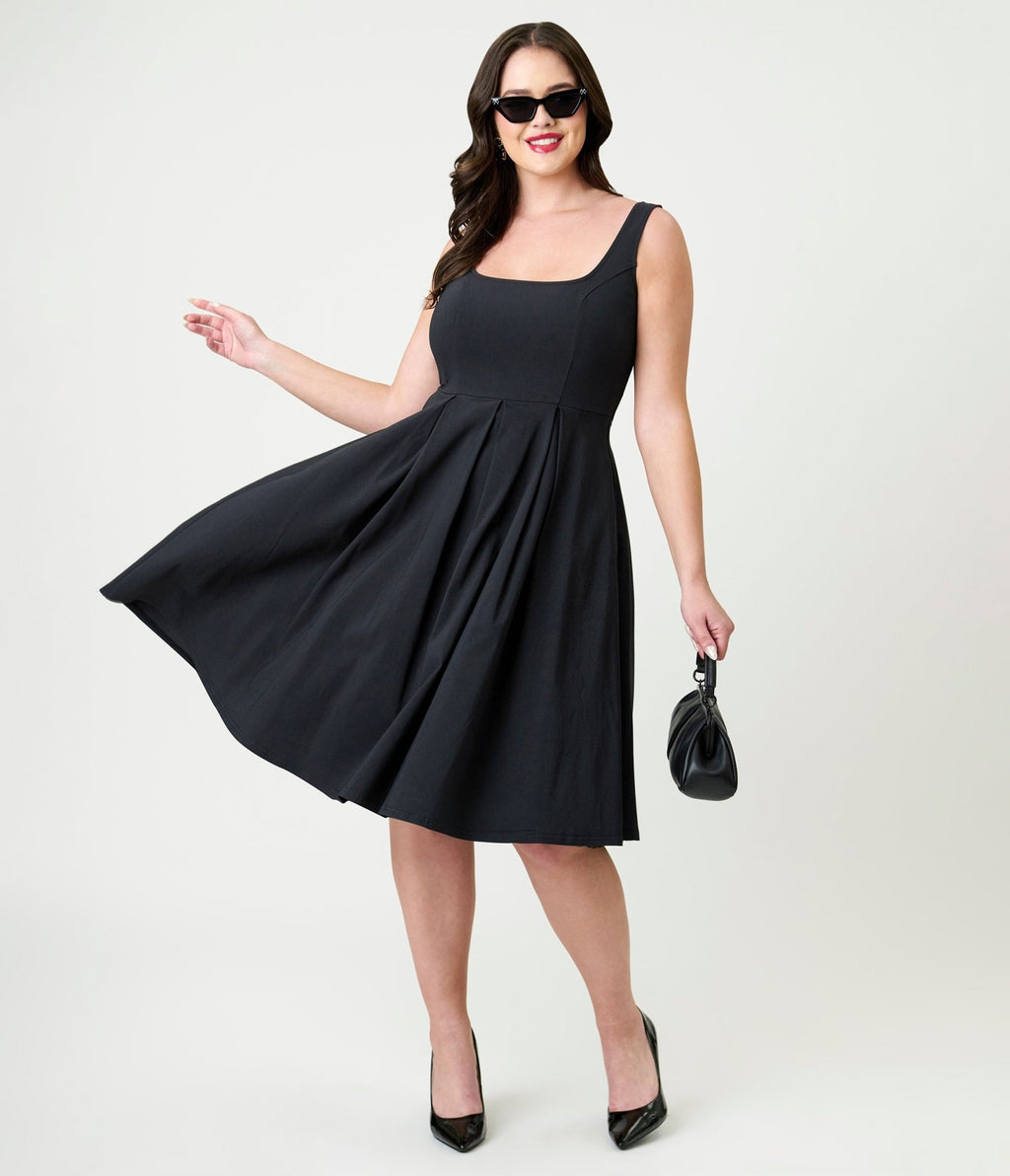Unique Vintage Black Square Neck Pleated Swing Dress Unique Vintage Black Square Neck Pleated Swing Dress
