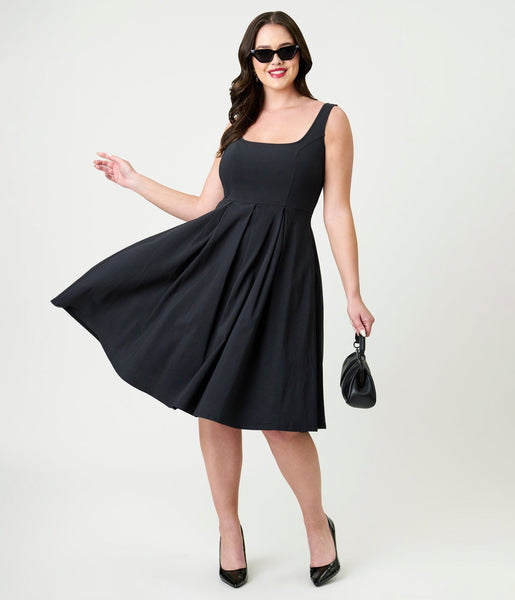 Unique Vintage Black Square Neck Pleated Swing Dress