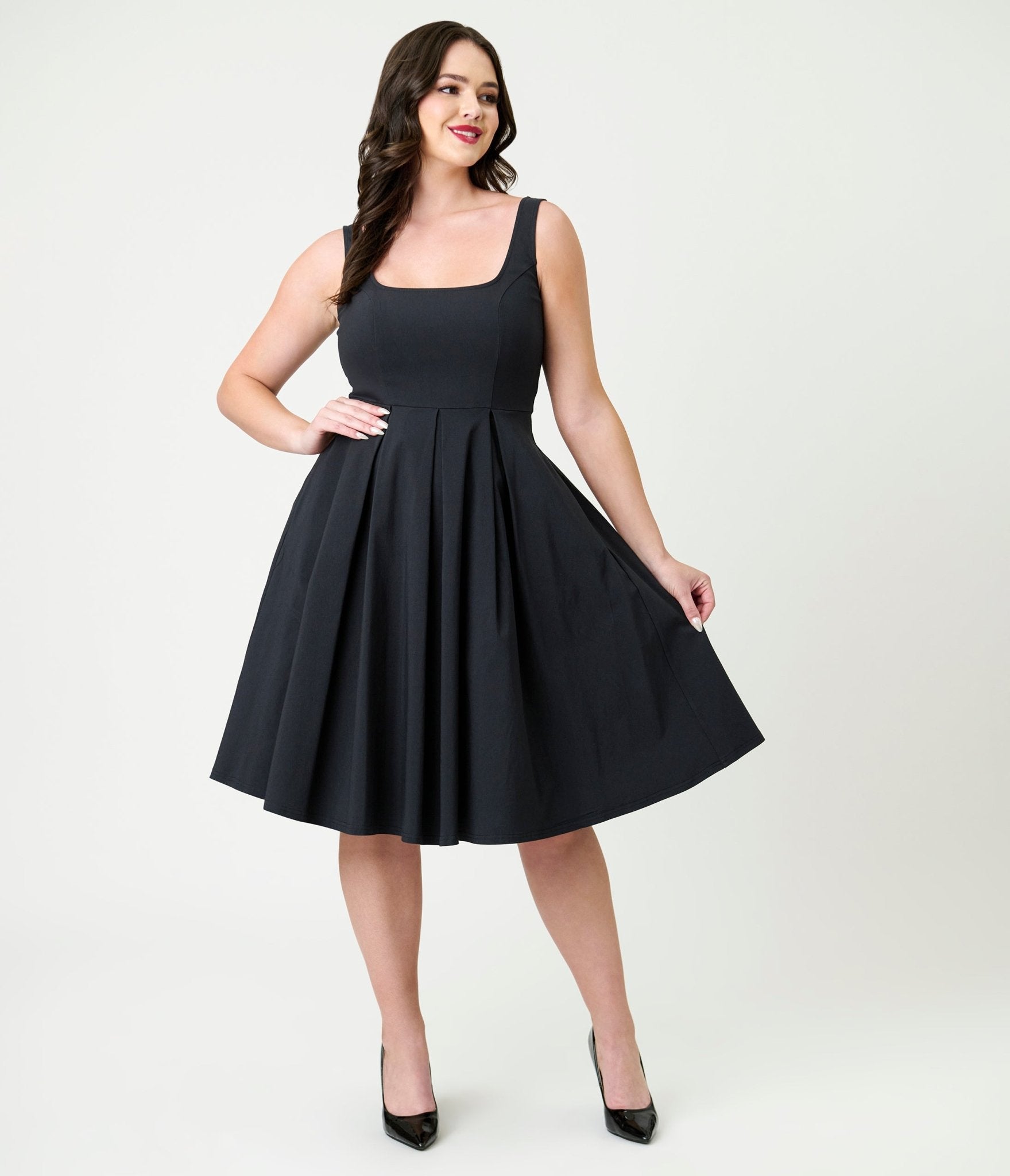 Unique Vintage Black Square Neck Pleated Swing Dress Unique Vintage Black Square Neck Pleated Swing Dress