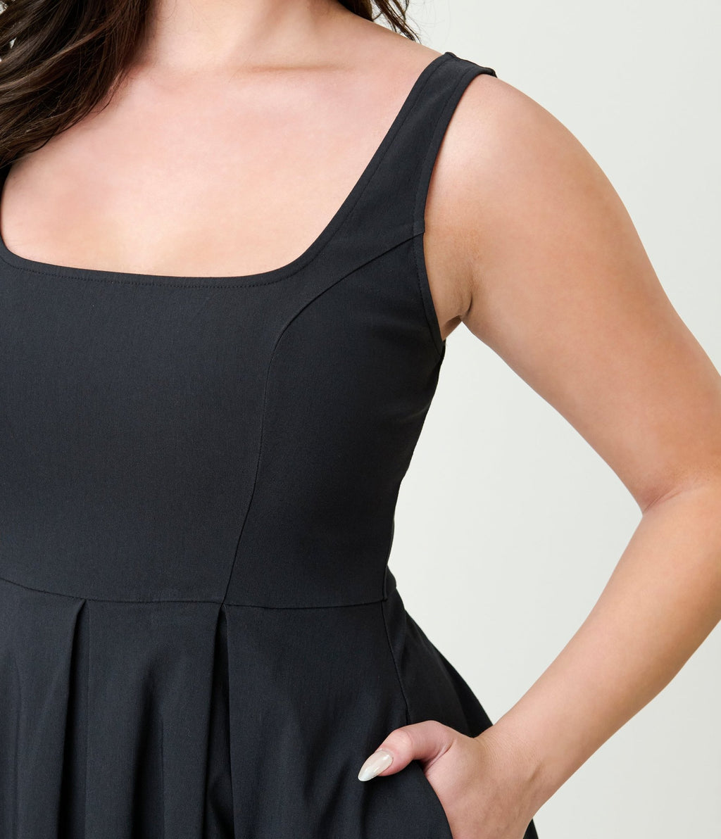 Unique Vintage Black Square Neck Pleated Swing Dress - Unique Vintage - Womens, DRESSES, SWING