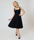 Unique Vintage Black Square Neck Pleated Swing Dress - Unique Vintage - Womens, DRESSES, SWING