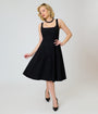 Unique Vintage Black Square Neck Pleated Swing Dress