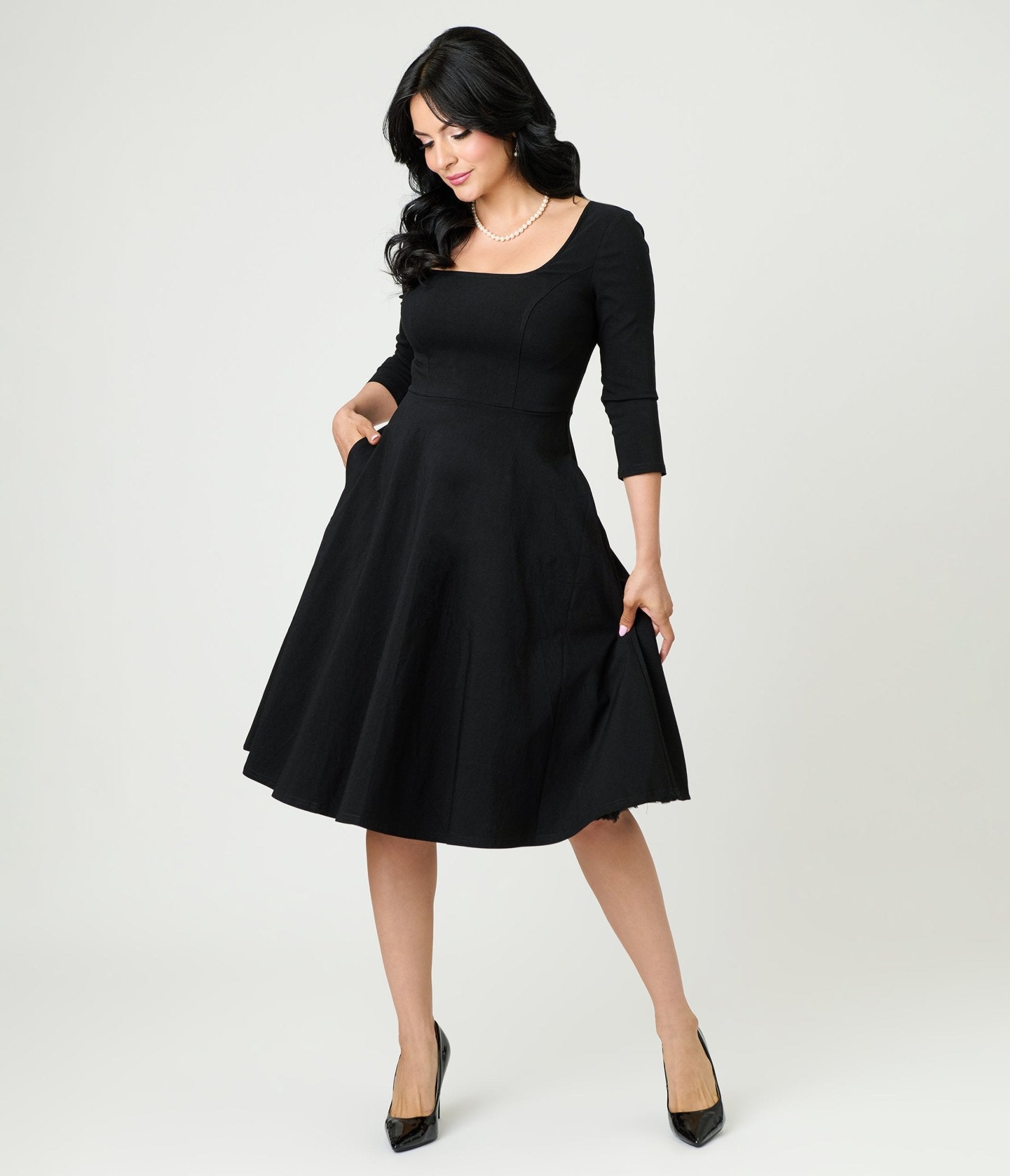 Unique Vintage Black Square Neck Swing Dress