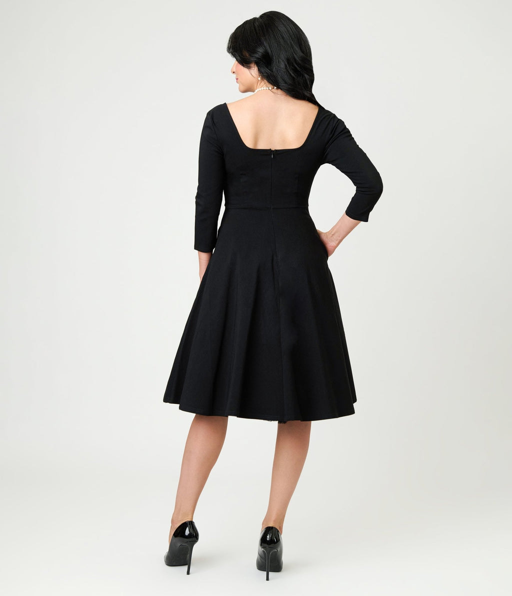 Unique Vintage Black Square Neck Swing Dress