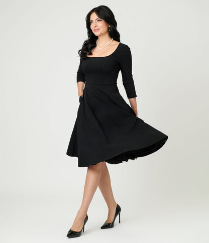 Unique Vintage Black Square Neck Swing Dress - Unique Vintage - Womens, DRESSES, SWING