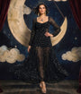Unique Vintage Black W/ Stars Balloon Slv Maxi With Sheer Godet Panels - All Self W/ Lining