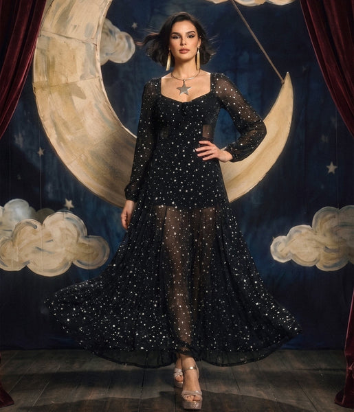 Unique Vintage Black & Star Print Long Sleeve Tara Maxi Dress