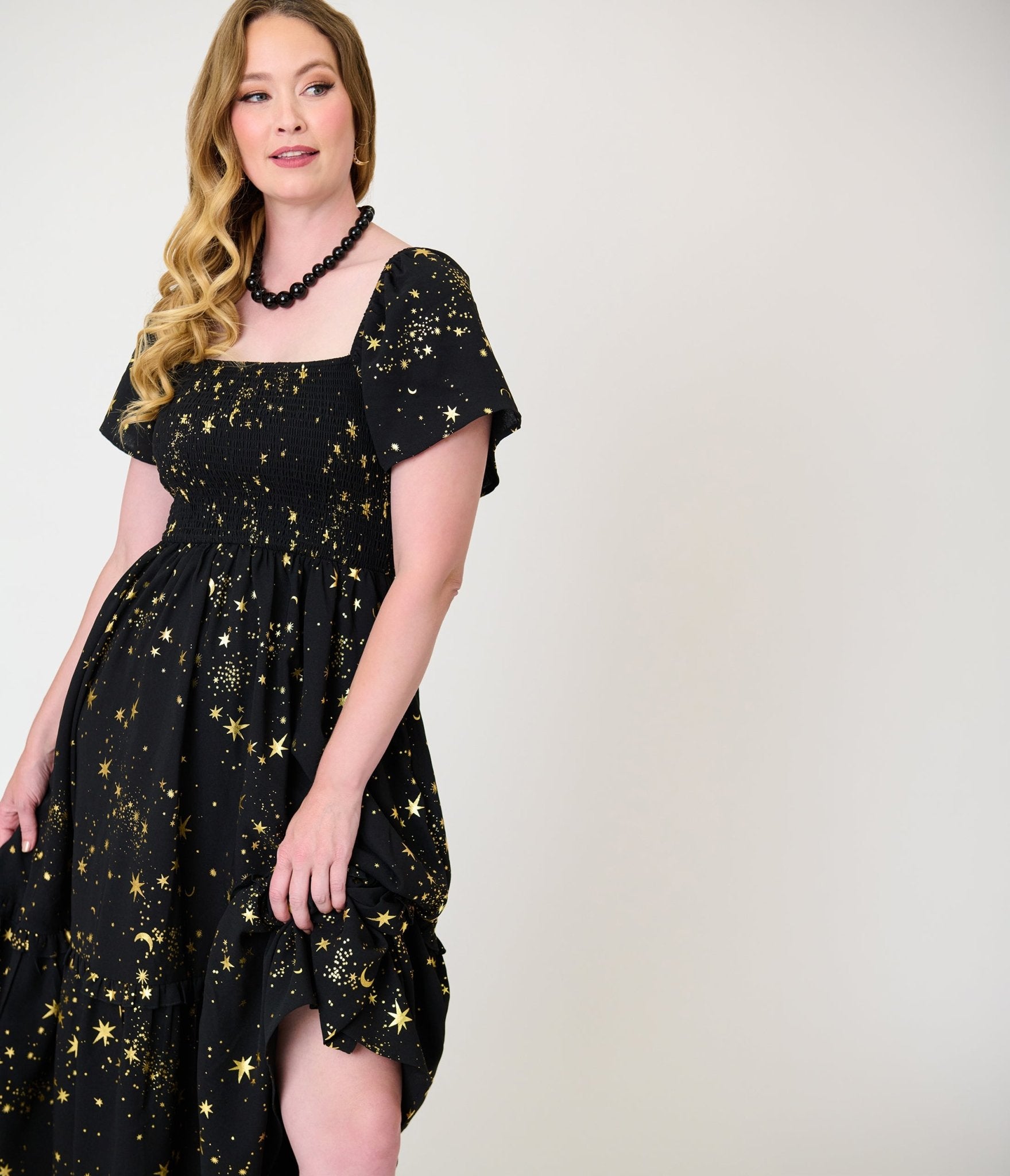 Unique Vintage Black & Star Print Smocked Bodice Robin Midi Dress - Unique Vintage - Womens, DRESSES, MIDI