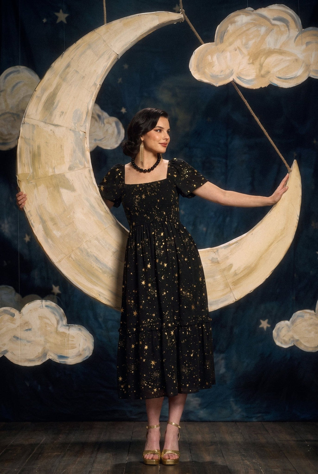 Unique Vintage Black & Star Print Smocked Bodice Robin Midi Dress - Unique Vintage - Womens, DRESSES, MIDI