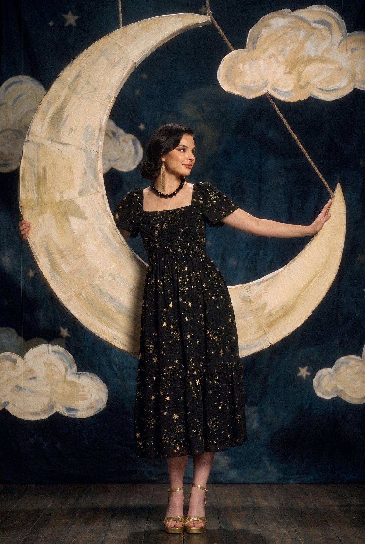 Unique Vintage Black & Star Print Smocked Bodice Robin Midi Dress - Unique Vintage - Womens, DRESSES, MIDI