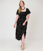 Unique Vintage Black & Star Print Smocked Bodice Robin Midi Dress - Unique Vintage - Womens, DRESSES, MIDI