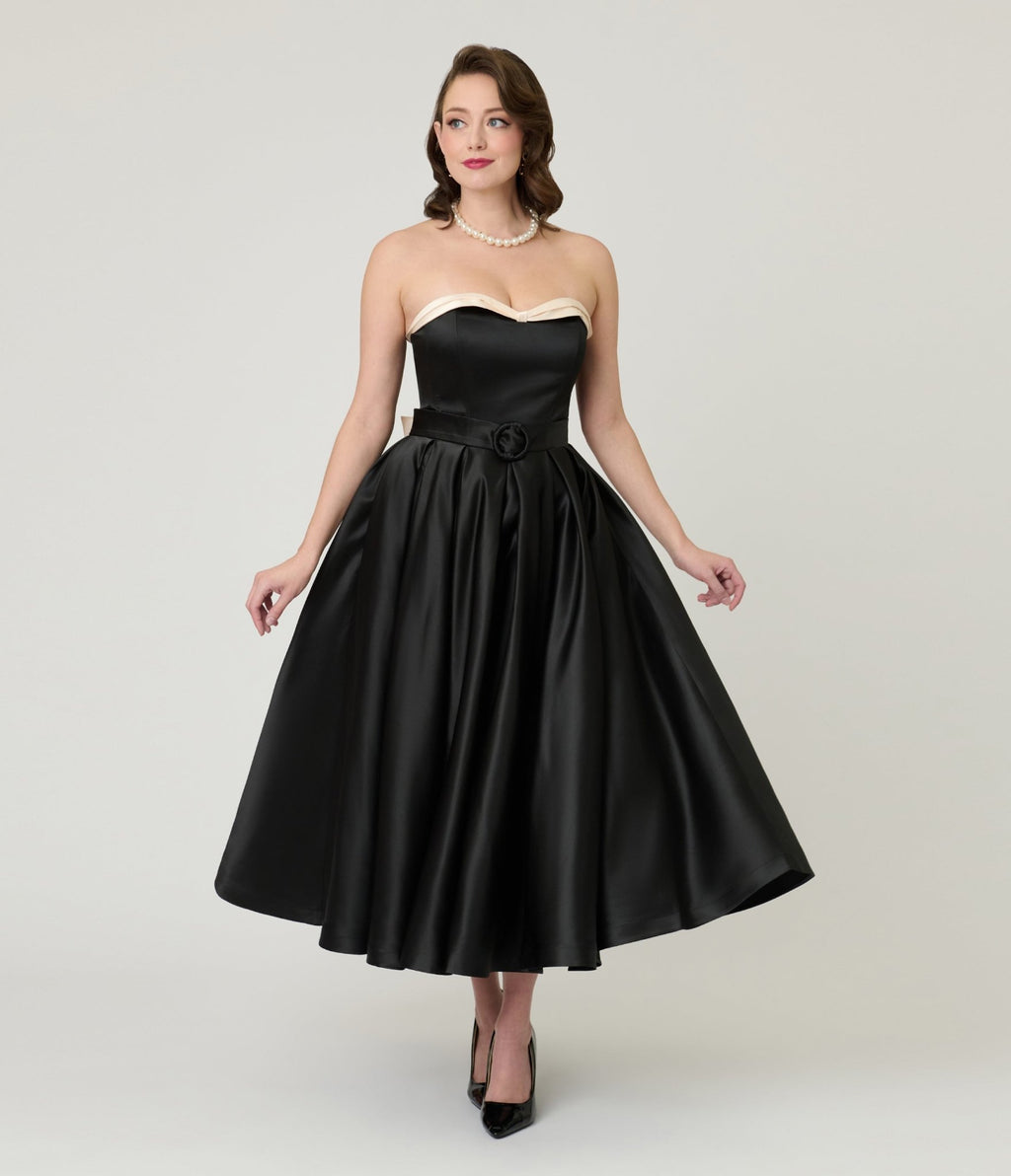 Unique Vintage Black Strapless Tea Length Gown XL/14-16