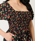 Unique Vintage Black & Strawberry Print Smocked Bodice Midi Dress - Unique Vintage - Womens, DRESSES, MIDI