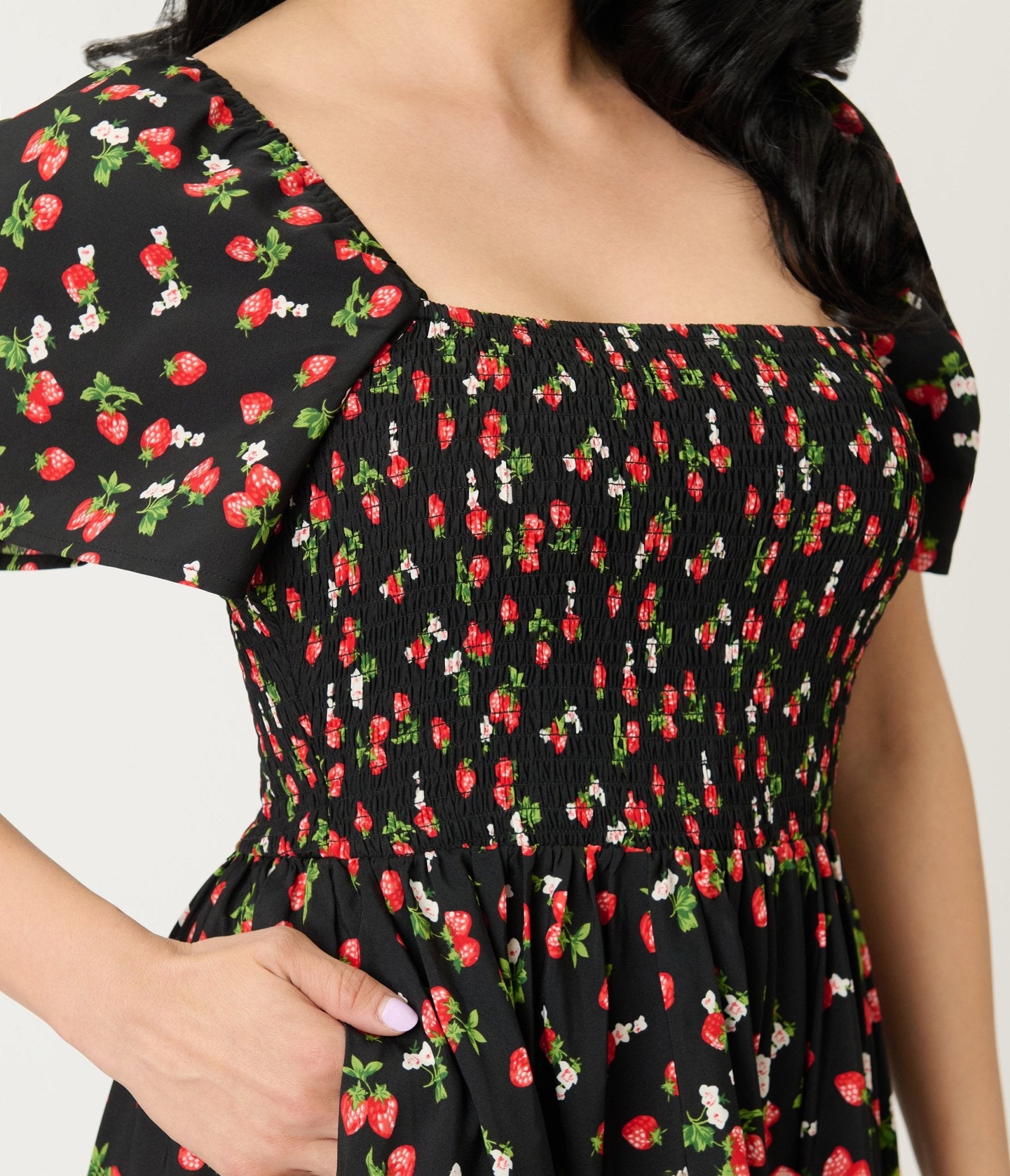 Unique Vintage Black & Strawberry Print Smocked Bodice Midi Dress - Unique Vintage - Womens, DRESSES, MIDI