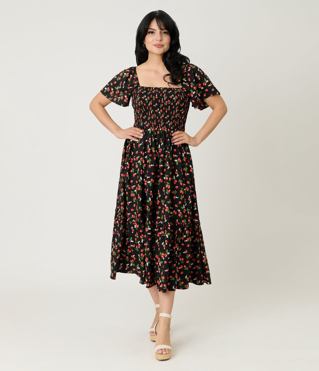 Unique Vintage Black & Strawberry Print Smocked Bodice Midi Dress