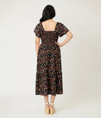Unique Vintage Black & Strawberry Print Smocked Bodice Midi Dress - Unique Vintage - Womens, DRESSES, MIDI