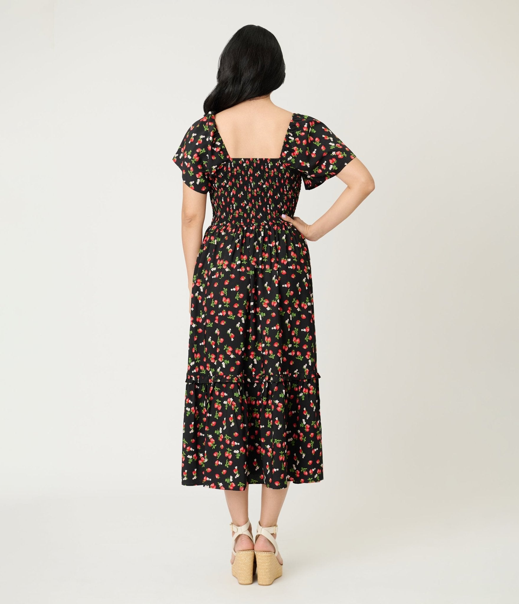 Unique Vintage Black & Strawberry Print Smocked Bodice Midi Dress - Unique Vintage - Womens, DRESSES, MIDI