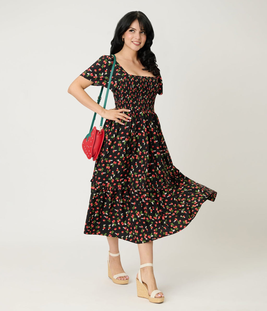 Unique Vintage Black & Strawberry Print Smocked Bodice Midi Dress - Unique Vintage - Womens, DRESSES, MIDI
