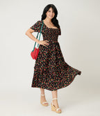Unique Vintage Black & Strawberry Print Smocked Bodice Midi Dress - Unique Vintage - Womens, DRESSES, MIDI