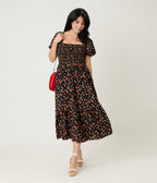 Unique Vintage Black & Strawberry Print Smocked Bodice Midi Dress - Unique Vintage - Womens, DRESSES, MIDI
