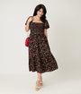 Unique Vintage Black & Strawberry Print Smocked Bodice Midi Dress