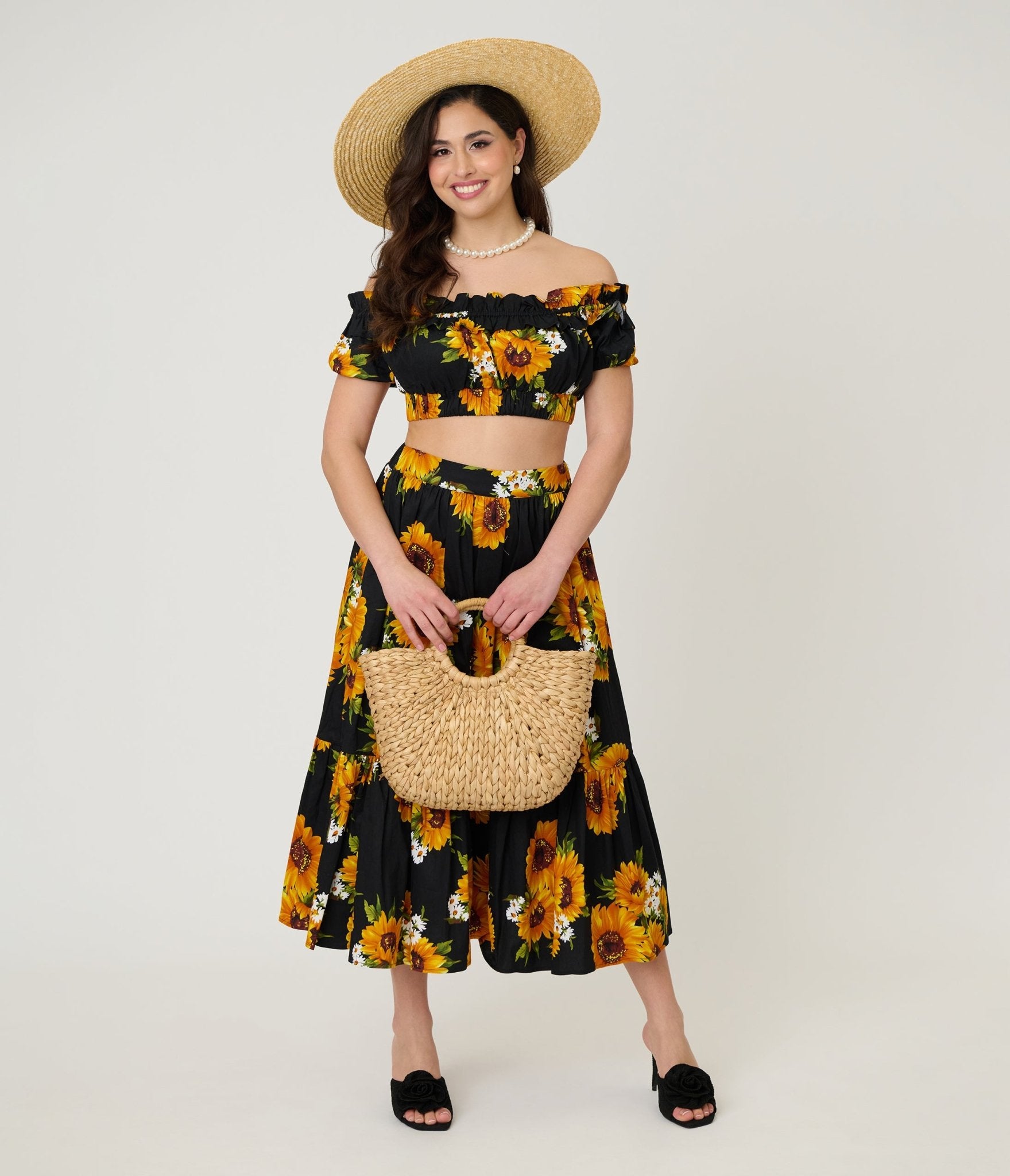 Unique Vintage Black Sunflower Ruffle Up Crop Top - Unique Vintage - Womens, TOPS, WOVEN TOPS