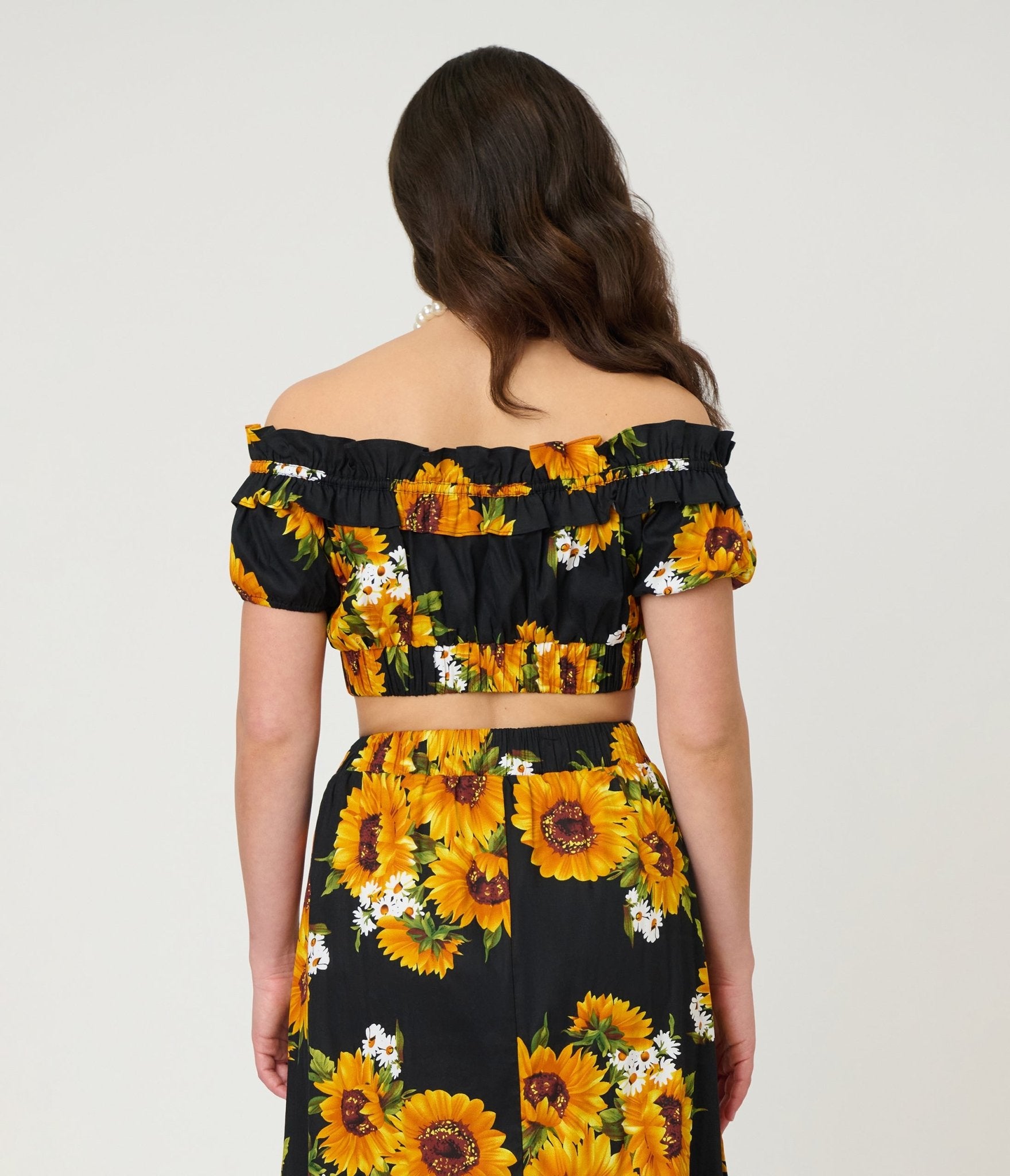 Unique Vintage Black Sunflower Ruffle Up Crop Top - Unique Vintage - Womens, TOPS, WOVEN TOPS