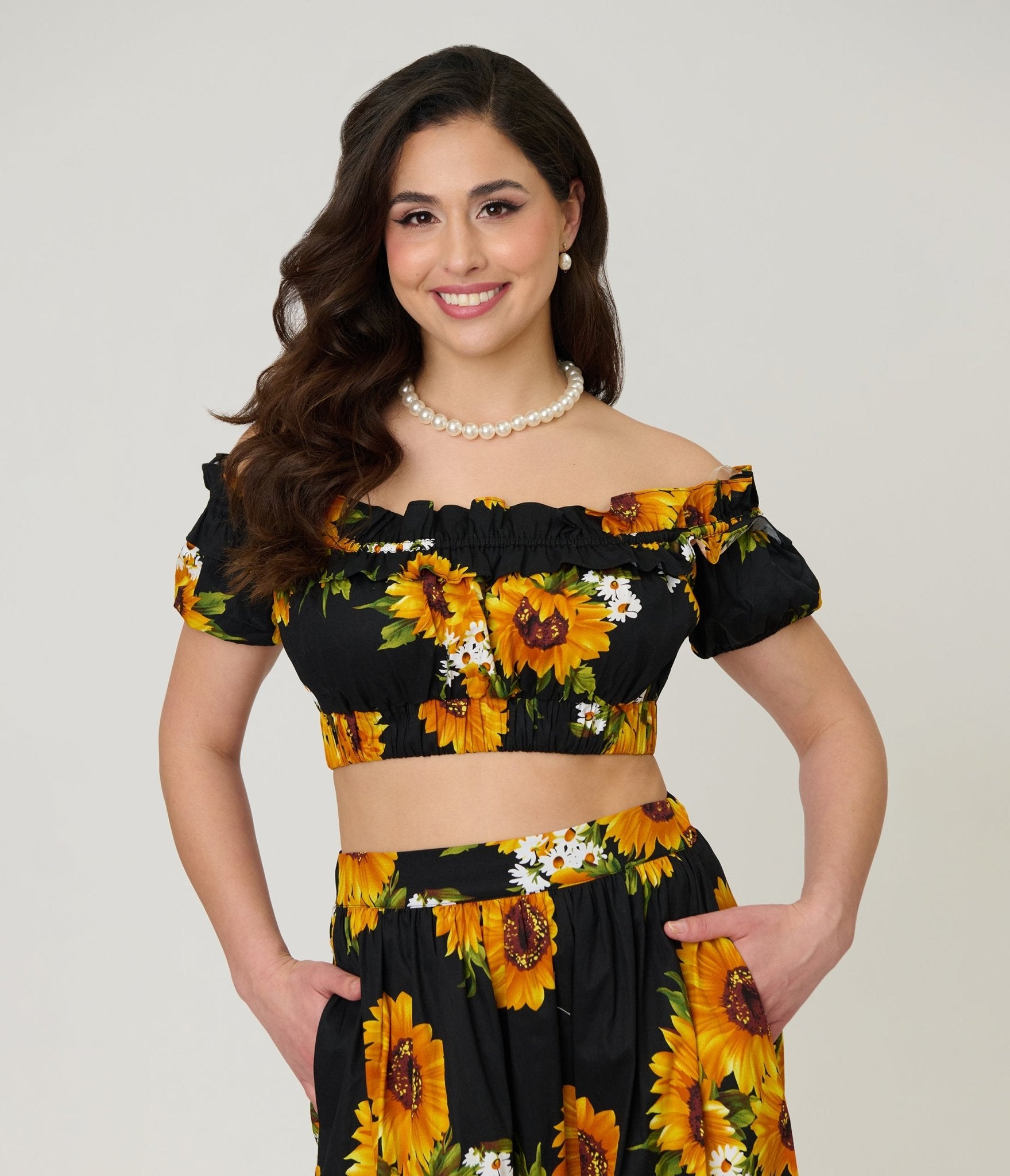 Unique Vintage Black Sunflower Ruffle Up Crop Top - Unique Vintage - Womens, TOPS, WOVEN TOPS