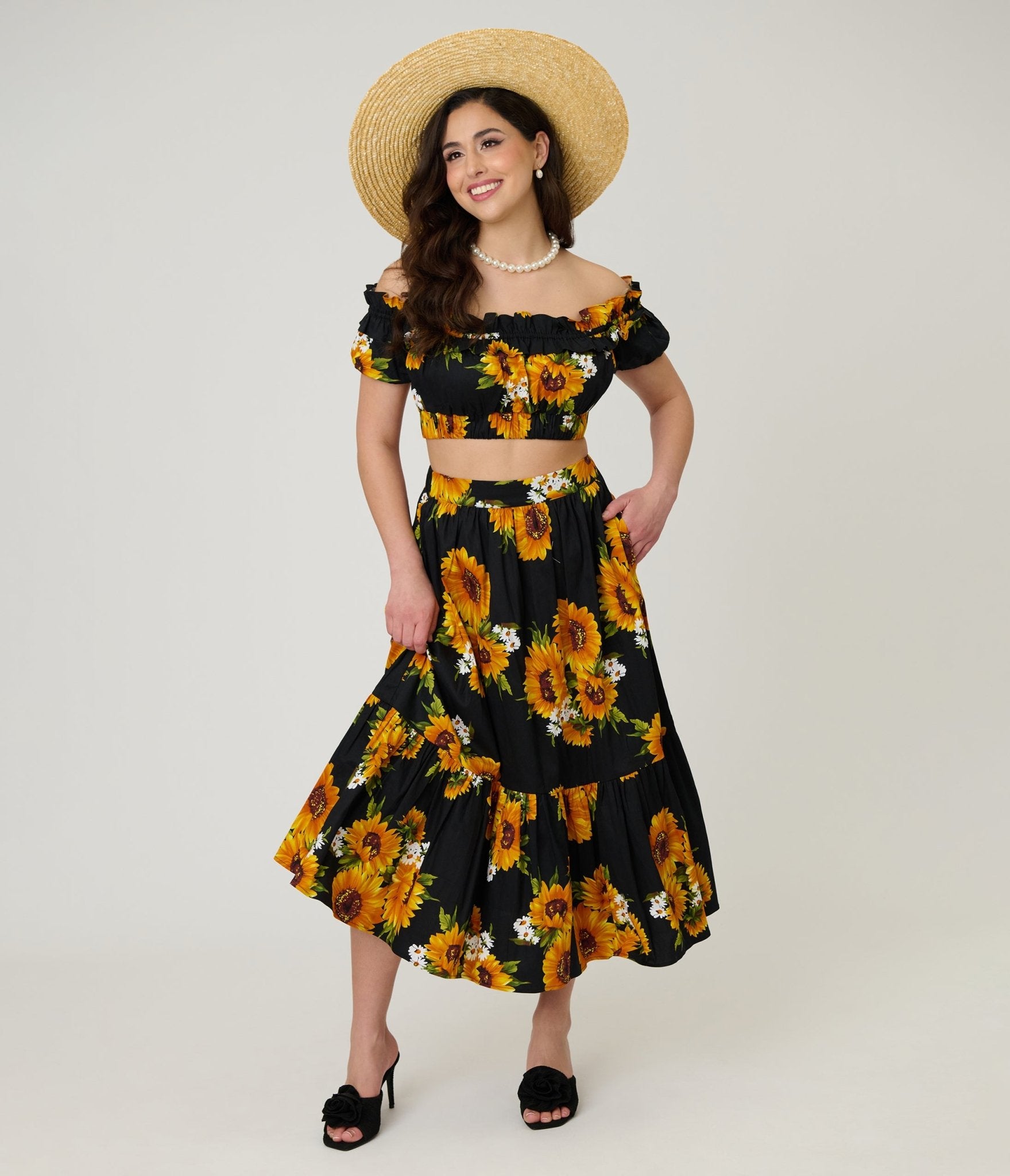Unique Vintage Black Sunflower Ruffle Up Crop Top - Unique Vintage - Womens, TOPS, WOVEN TOPS