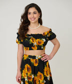 Unique Vintage Black Sunflower Ruffle Up Crop Top - Unique Vintage - Womens, TOPS, WOVEN TOPS
