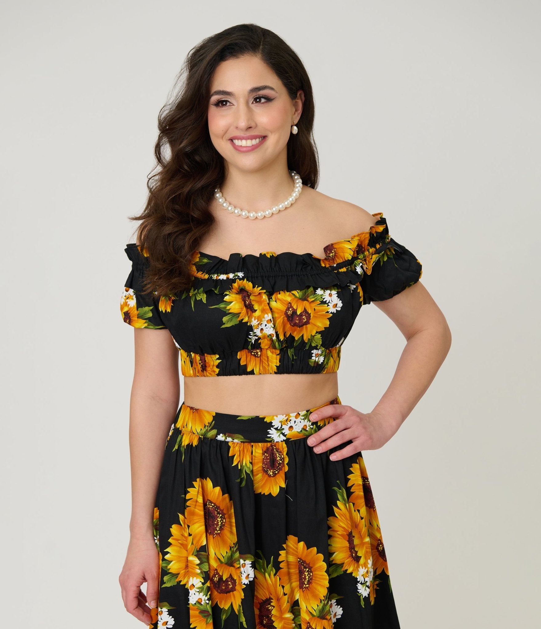 Unique Vintage Black Sunflower Ruffle Up Crop Top - Unique Vintage - Womens, TOPS, WOVEN TOPS