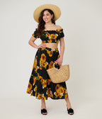 Unique Vintage Black Sunflower Tiered Midi Skirt - Unique Vintage - Womens, BOTTOMS, SKIRTS