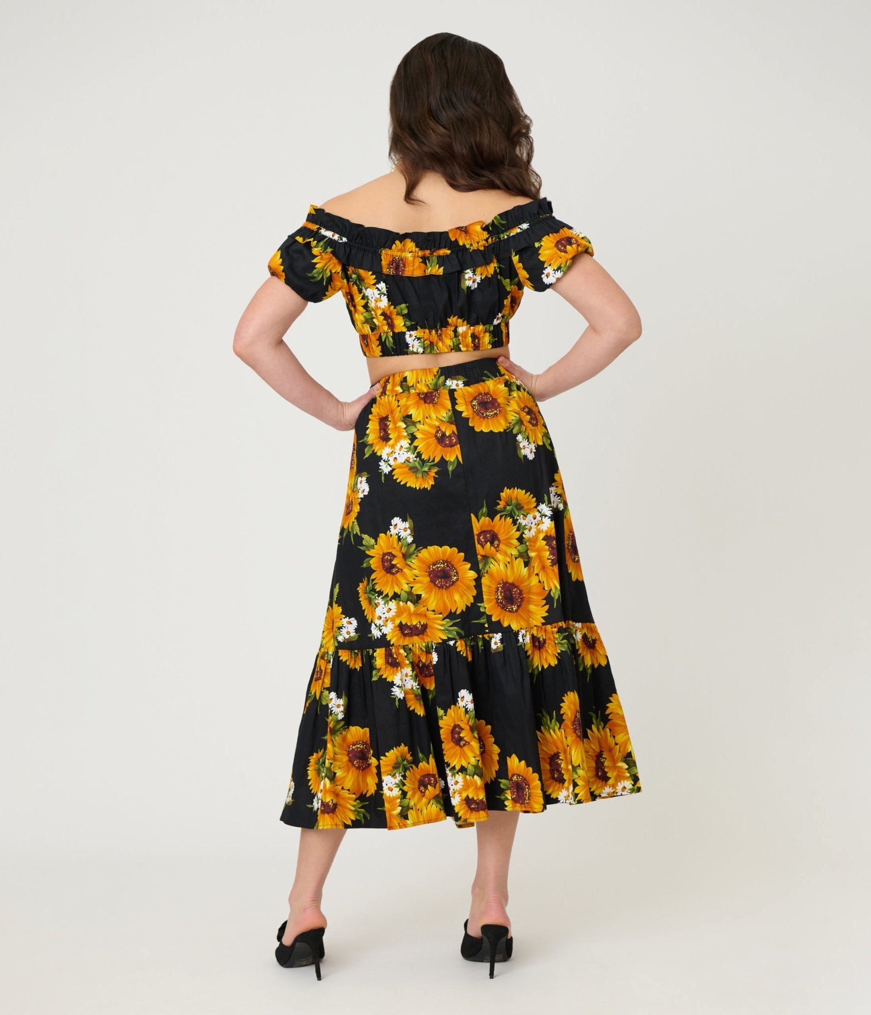 Unique Vintage Black Sunflower Tiered Midi Skirt - Unique Vintage - Womens, BOTTOMS, SKIRTS